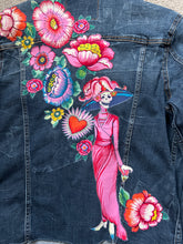 Load image into Gallery viewer, Womens Jean Jacket FRIDA SUGAR SKULL LADY IN PINK