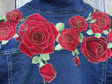 Load image into Gallery viewer, Womens Jean Jacket  RED ROSES
