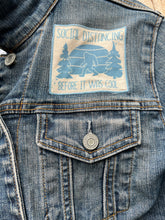 Load image into Gallery viewer, Womens Jean Jacket SASQUATCH SIGHTING Cool Toile Fabric Panel With The Elusive Sasquatch
