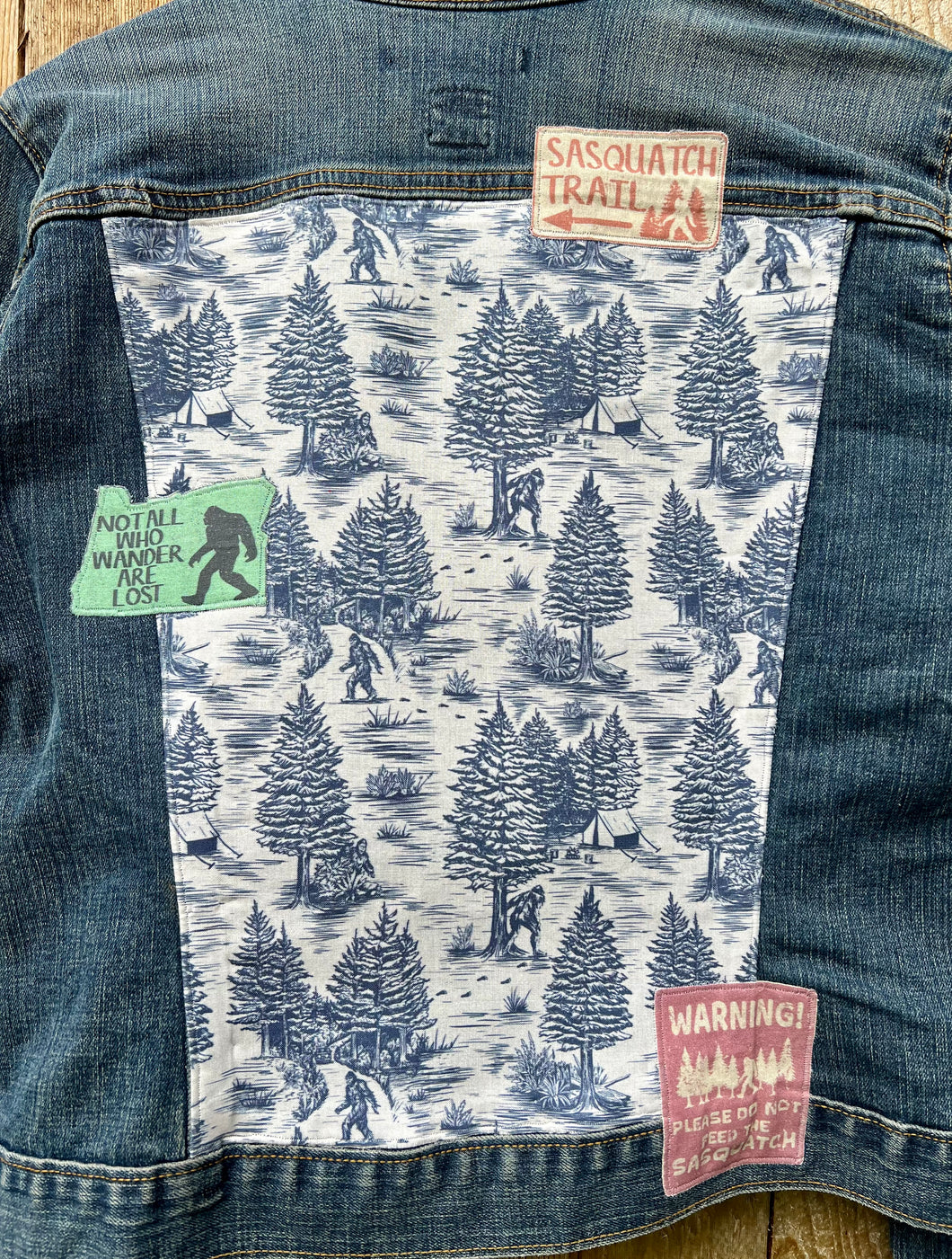Womens Jean Jacket SASQUATCH SIGHTING Cool Toile Fabric Panel With The Elusive Sasquatch