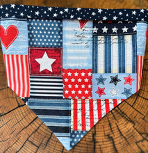 Load image into Gallery viewer, Dog Bandana PATRIOTIC PATCHWORK Red, White, &amp; Blue Badass Bandana for your Stylish Doggie
