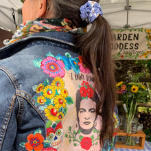 Load image into Gallery viewer, Womens Jean Jacket  FRIDA KAHLO &quot;I Paint Flowers So They Will Not Die&quot;
