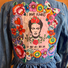 Load image into Gallery viewer, Womens Jean Jacket  FRIDA KAHLO &quot;I Paint Flowers So They Will Not Die&quot;
